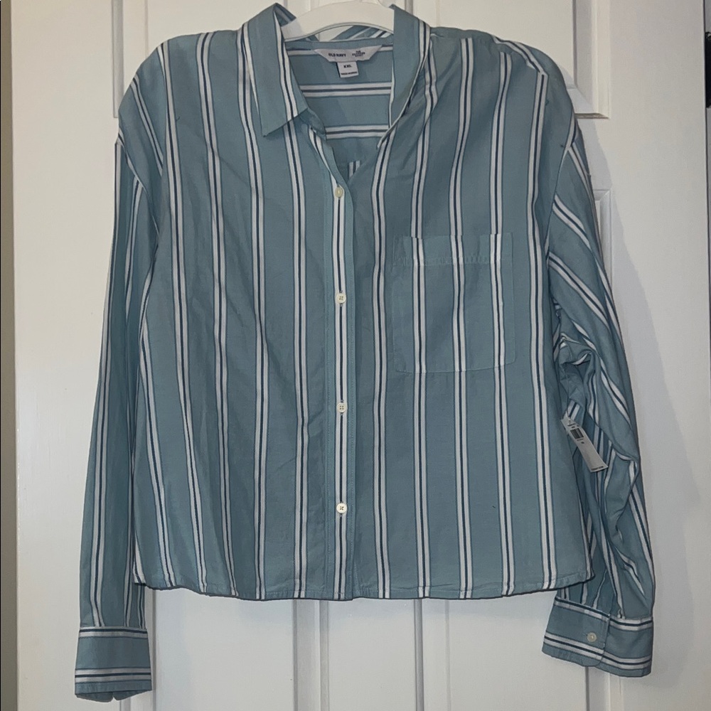 Old Navy Light Blue and White Striped Cropped Shirt